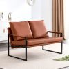 Modern Two-Seater Sofa Chair with 2 Pillows - PU Leather, High-Density Foam, Black Coated Metal Frame.BrownSF-D008-BR