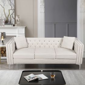 82.3" Width Modern Velvet Sofa Jeweled Buttons Tufted Square Arm Couch ,2 Pillows Included,Beige,4 colors