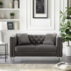 59.4 Inch Wide Grey Velvet Sofa with Jeweled buttons; Square Arm ; 2 Pillow