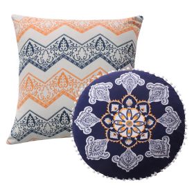 2 Piece Decorative Accent Throw Pillow Set, Embroidery, Cotton, Saffron Orange, Blue