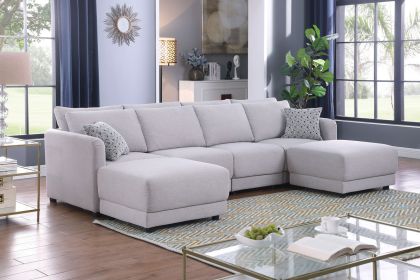 Penelope Light Gray Linen Fabric 4-Seater Sofa with 2 Ottoman and Pillows