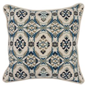 Fabric Throw Pillow with Medallion Print, Cream and Blue