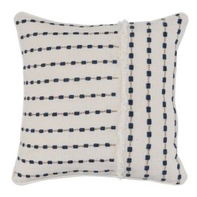 Fabric Throw Pillow with Embellished Handwoven Pattern, Beige and Blue