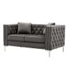 59.4 Inch Wide Grey Velvet Sofa with Jeweled buttons; Square Arm ; 2 Pillow