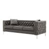 82.3&quot; Width Modern Velvet Sofa Jeweled Buttons Tufted Square Arm Couch Grey; 2 Pillows Included