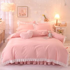 Princess Style Girl Brushed Multicolor 4-piece Set Quilt Cover Sheet Pillowcase Spring Autumn Winter Solid Fleece Thick Bedskirt (Color: pink 3)