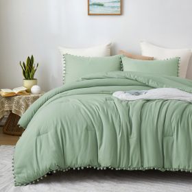 Boho Comforter Set, Boho Bedding set with Pom Poms Fringe Design, 1 Aesthetic Comforter and 2 Pillowshams (Color: Sage Green)