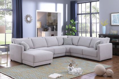 Penelope Light Gray Linen Fabric Reversible 7PC Modular Sectional Sofa with Ottoman and Pillows (Color: as Pic)