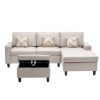 Nolan 95.5" Beige Linen Fabric 4Pc Reversible Sofa Chaise with Interchangeable Legs, Storage Ottoman, and Pillows