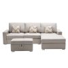 Nolan 95.5" Beige Linen Fabric 4Pc Reversible Sofa Chaise with Interchangeable Legs, Storage Ottoman, and Pillows